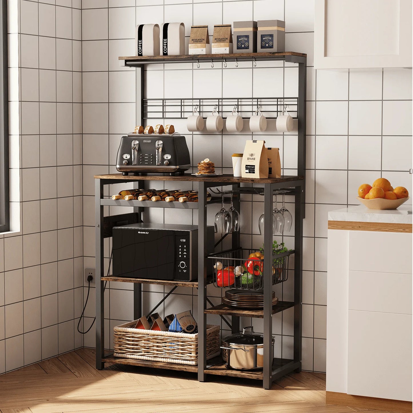 Pantry Cart Microwave Stand with Storage, 60"Coffee Bar Station Kitchen Island Baker Rack for Kitchen, Vintage Brown