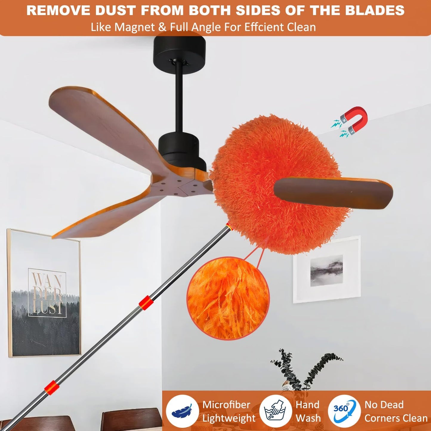 3 Pack 20 Ft+ High Reach Cleaning Tool Kit - Microfiber Feather Ceiling Fan