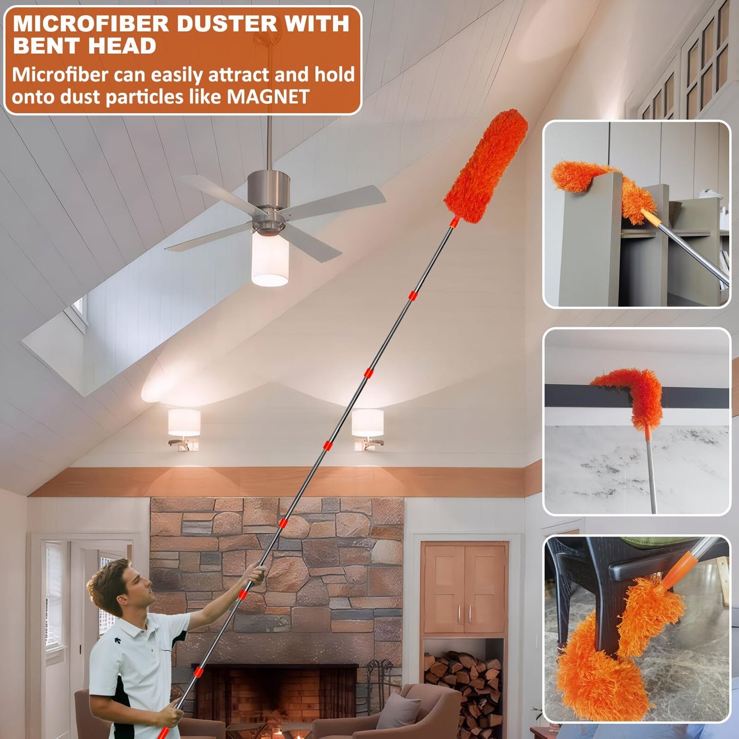 3 Pack 20 Ft+ High Reach Cleaning Tool Kit - Microfiber Feather Ceiling Fan