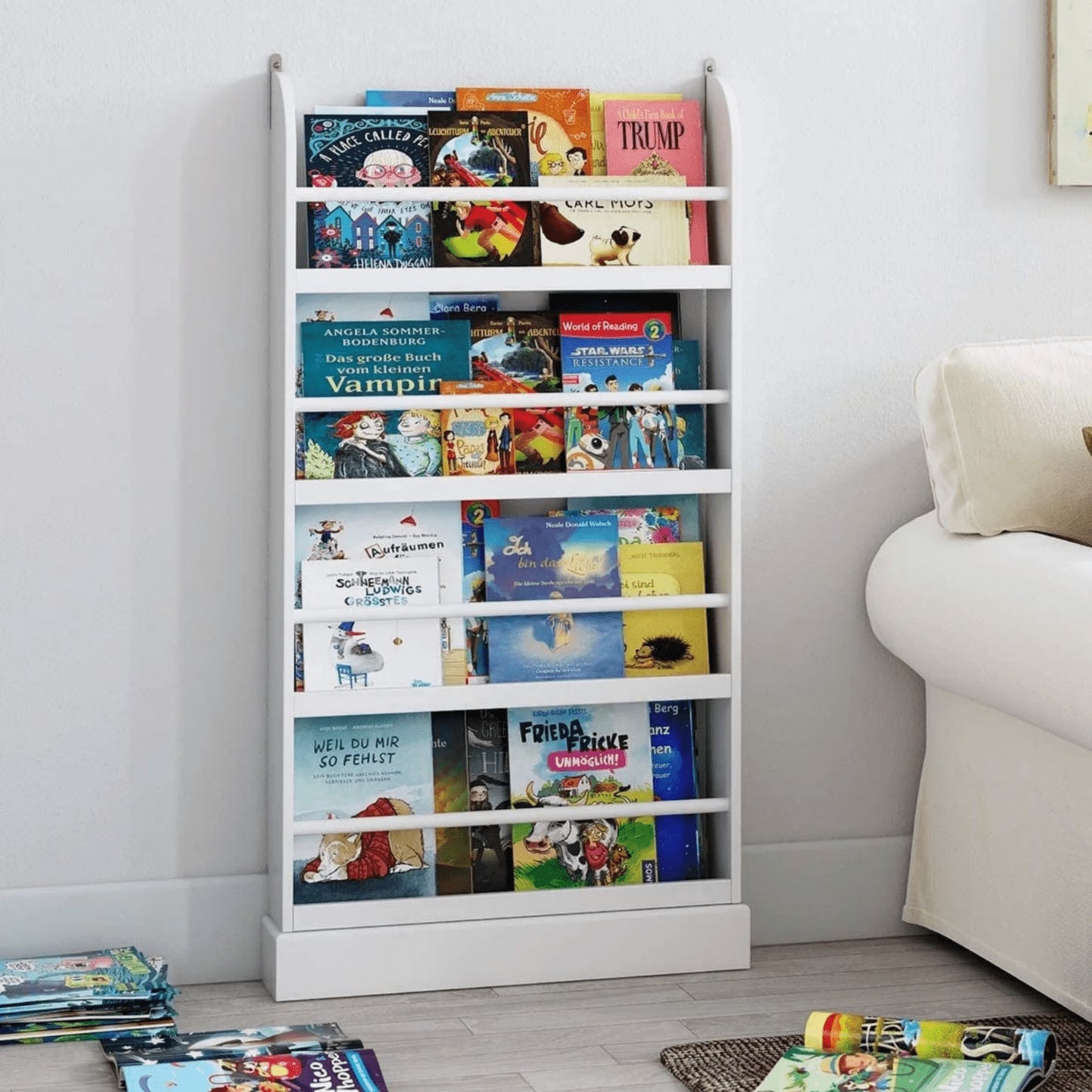 Homfa 4 Tier Kids Bookshelf, Wall Storage Bookshelf Organizer for Playroom Kids Room, White Finish