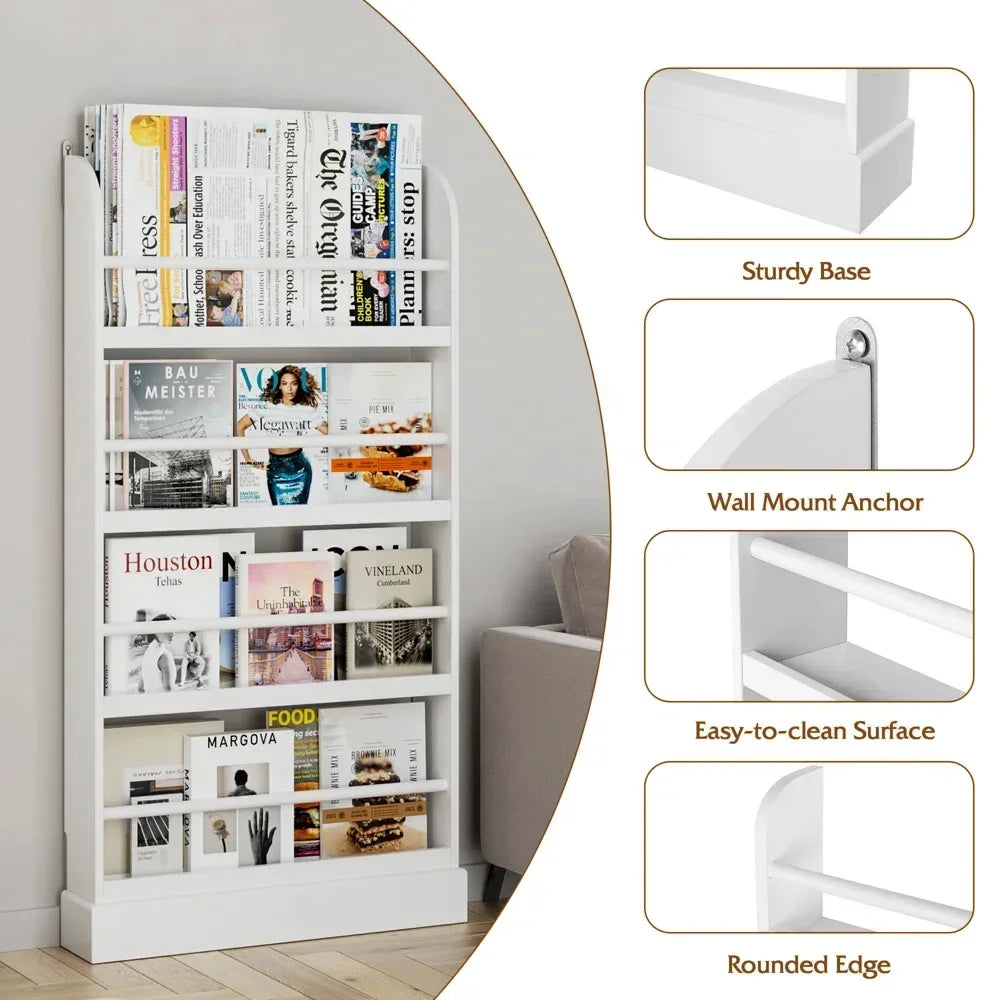 Homfa 4 Tier Kids Bookshelf, Wall Storage Bookshelf Organizer for Playroom Kids Room, White Finish