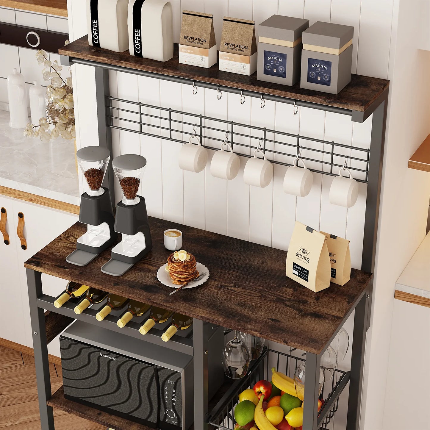 Pantry Cart Microwave Stand with Storage, 60"Coffee Bar Station Kitchen Island Baker Rack for Kitchen, Vintage Brown