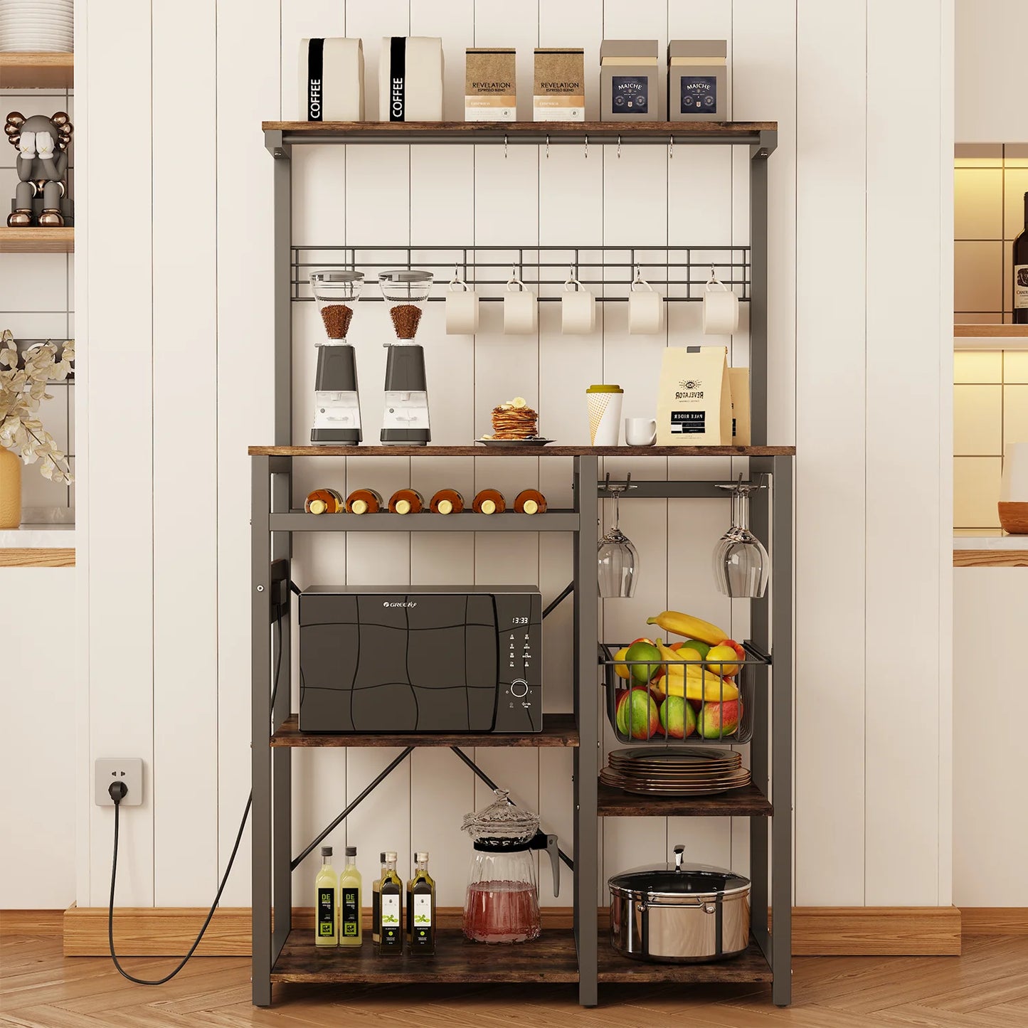 Pantry Cart Microwave Stand with Storage, 60"Coffee Bar Station Kitchen Island Baker Rack for Kitchen, Vintage Brown