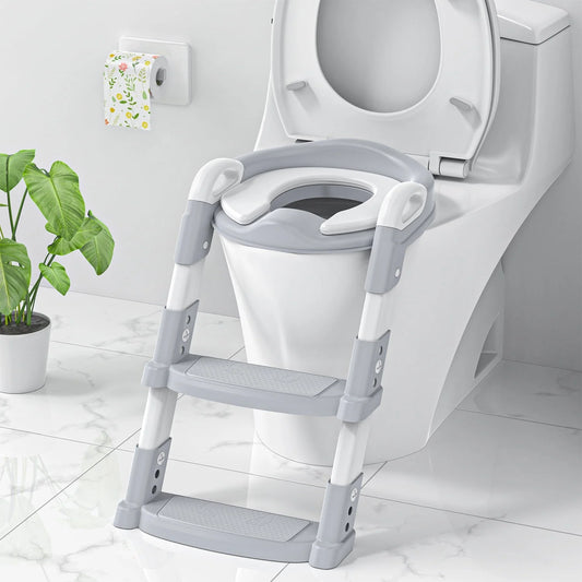 Transform Potty Time with Our Versatile 2-in-1 Potty Training Seat and Step Stool – Ideal for Boys & Girls, Featuring a Cushioned Seat, Splash Guard, and Safe Anti-Slip Design in Grey!