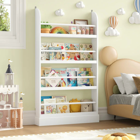 Homfa 4 Tier Kids Bookshelf, Wall Storage Bookshelf Organizer for Playroom Kids Room, White Finish
