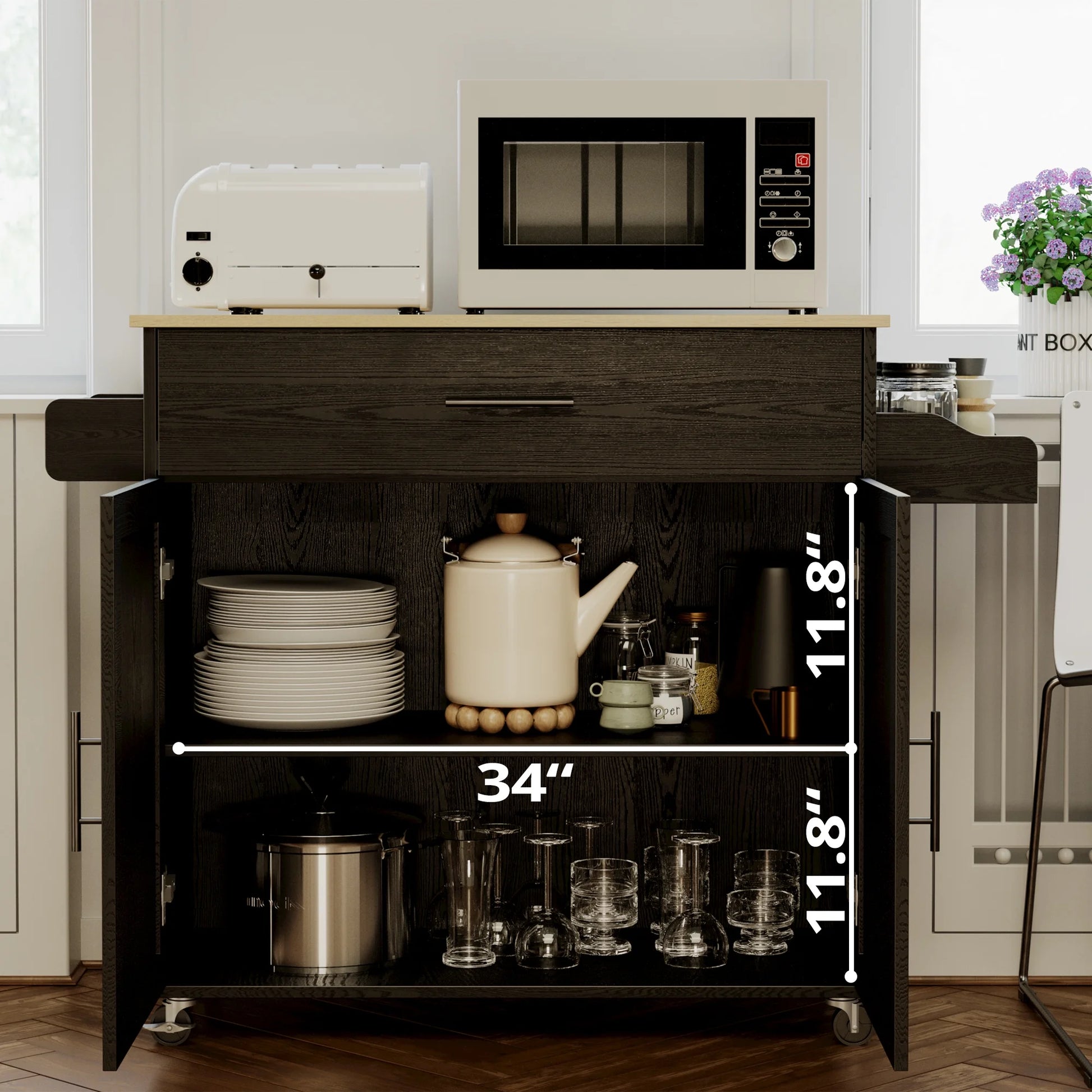 IRONCK Rolling Kitchen Island Cart on Wheels with Storage Cabinet, Drawer, 3 Spice Rack,Black