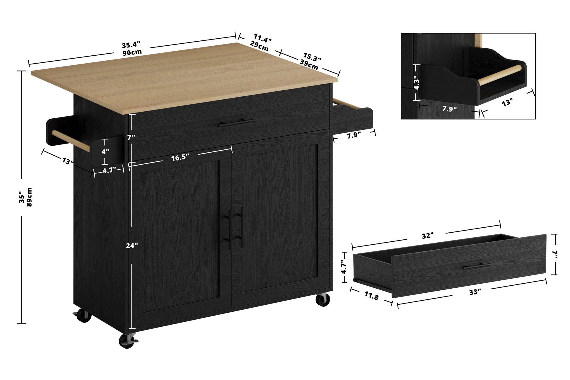 IRONCK Rolling Kitchen Island Cart on Wheels with Storage Cabinet, Drawer, 3 Spice Rack,Black