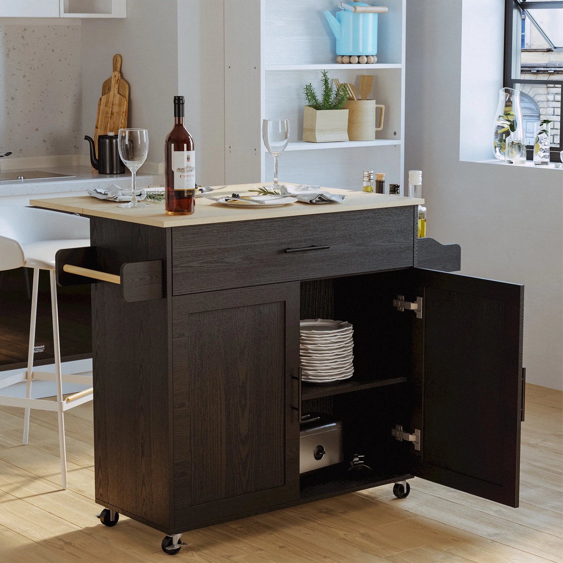 IRONCK Rolling Kitchen Island Cart on Wheels with Storage Cabinet, Drawer, 3 Spice Rack,Black