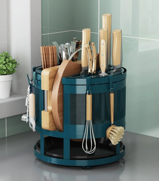 Multifunctional Countertop Kitchen Utensils Organizer Rotatable Storage Rack Hooks Integrated Cookware Rack Metal Kitchen Use