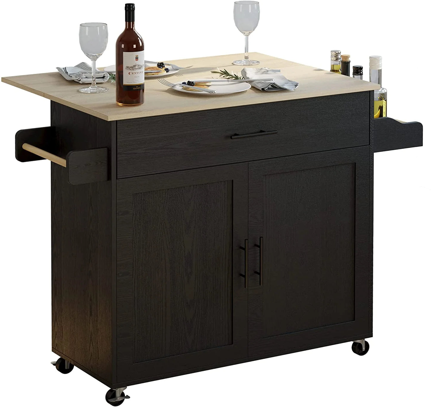 IRONCK Rolling Kitchen Island Cart on Wheels with Storage Cabinet, Drawer, 3 Spice Rack,Black