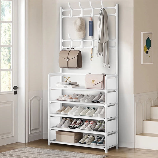 Brochao Shoe Rack with Coat Rack Freestanding, Hall Tree for Entryway, 5-Tier Shoe Rack for Front Door Entrance, White